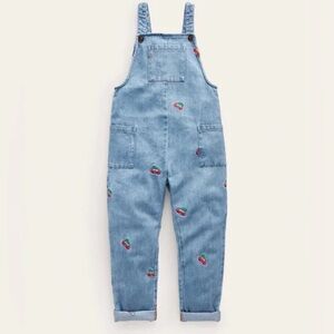 Mini Boden Embroidered Red Festive Truck Denim Overalls